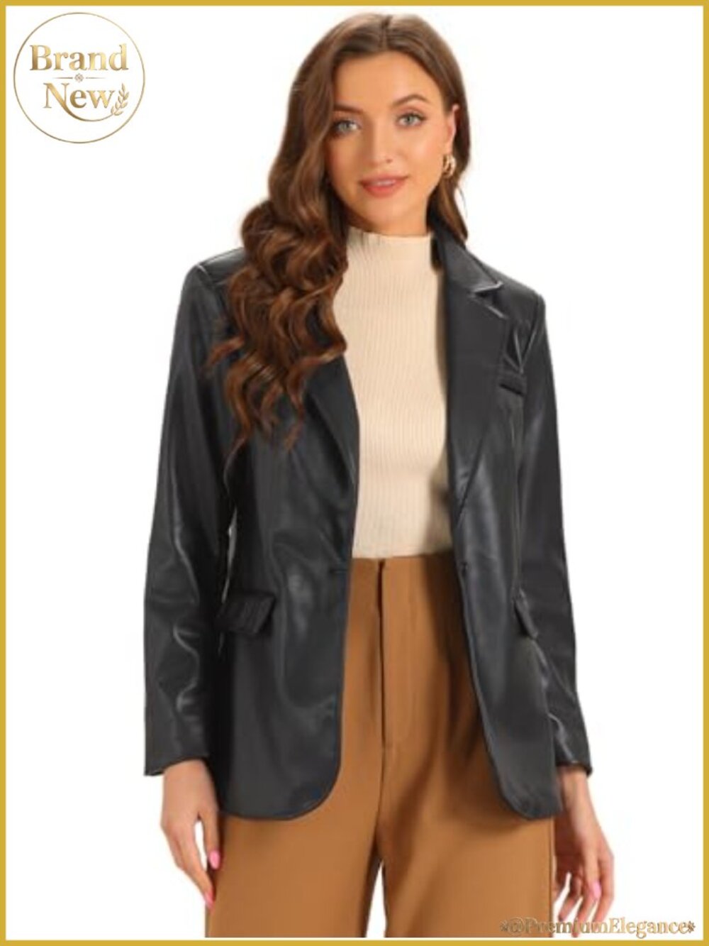 Faux Leather Moto Jacket Women Long Sleeve Notch Lapel Casual Blazer